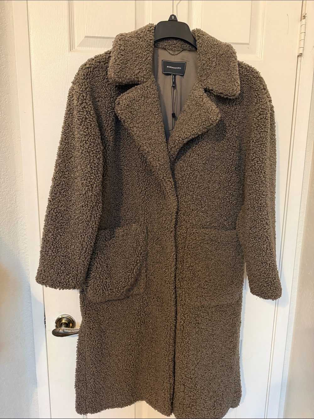 BCBGMaxAzria Taupe Teddy Long Coat with Notch Collar - Picture 3 of 12